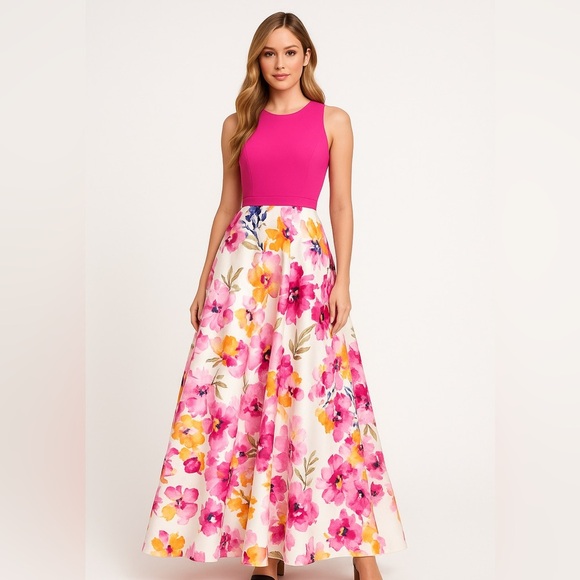 NWT Eliza J Poppy Floral Maxi Print Block Ball Gown Dress Sz 8 Formal Event - Picture 1 of 16